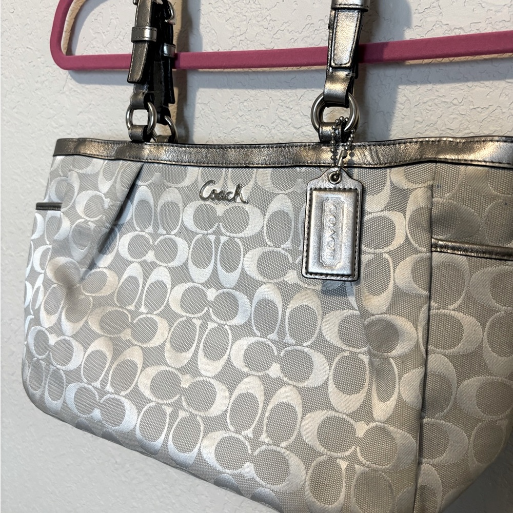 Coach Metallic Silver Signature EW Gallery Tote Bag